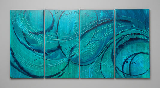 A four-panel abstract canvas painting featuring swirling teal, turquoise, and blue brushstrokes with black linework, displayed against a concrete wall.