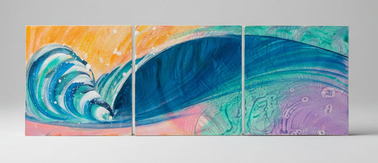 Triptych painting of a wave with colorful abstract design on a gray background