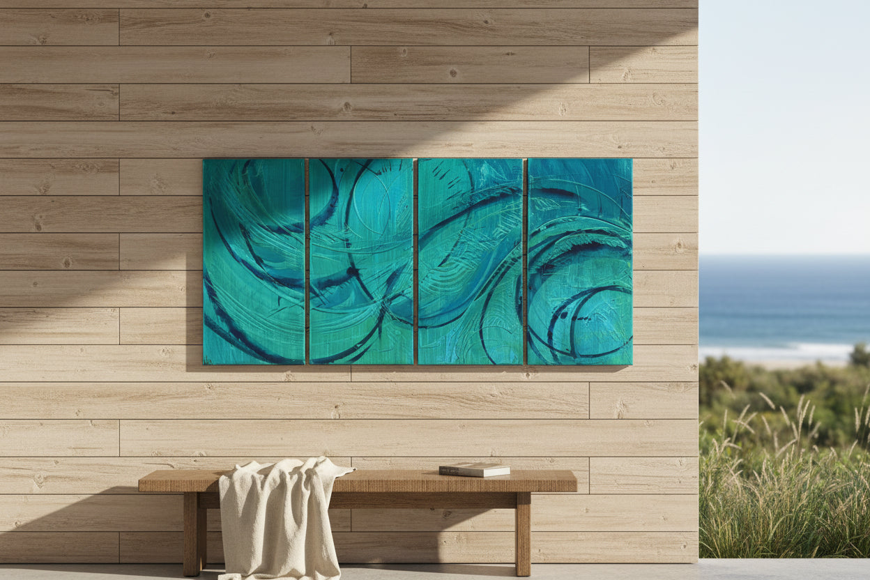 A four-panel abstract canvas painting featuring swirling teal, turquoise, and blue brushstrokes with black linework, displayed against a concrete wall.