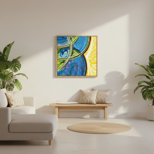 Modern living room with a colorful abstract painting on the wall, a sofa, and plants.