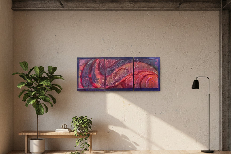 Abstract art triptych with swirling red and purple patterns on a textured surface