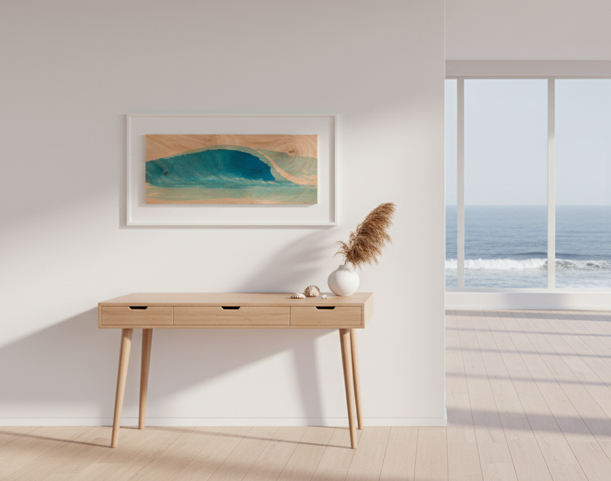 Wooden panel with a blue wave design on a light gray background