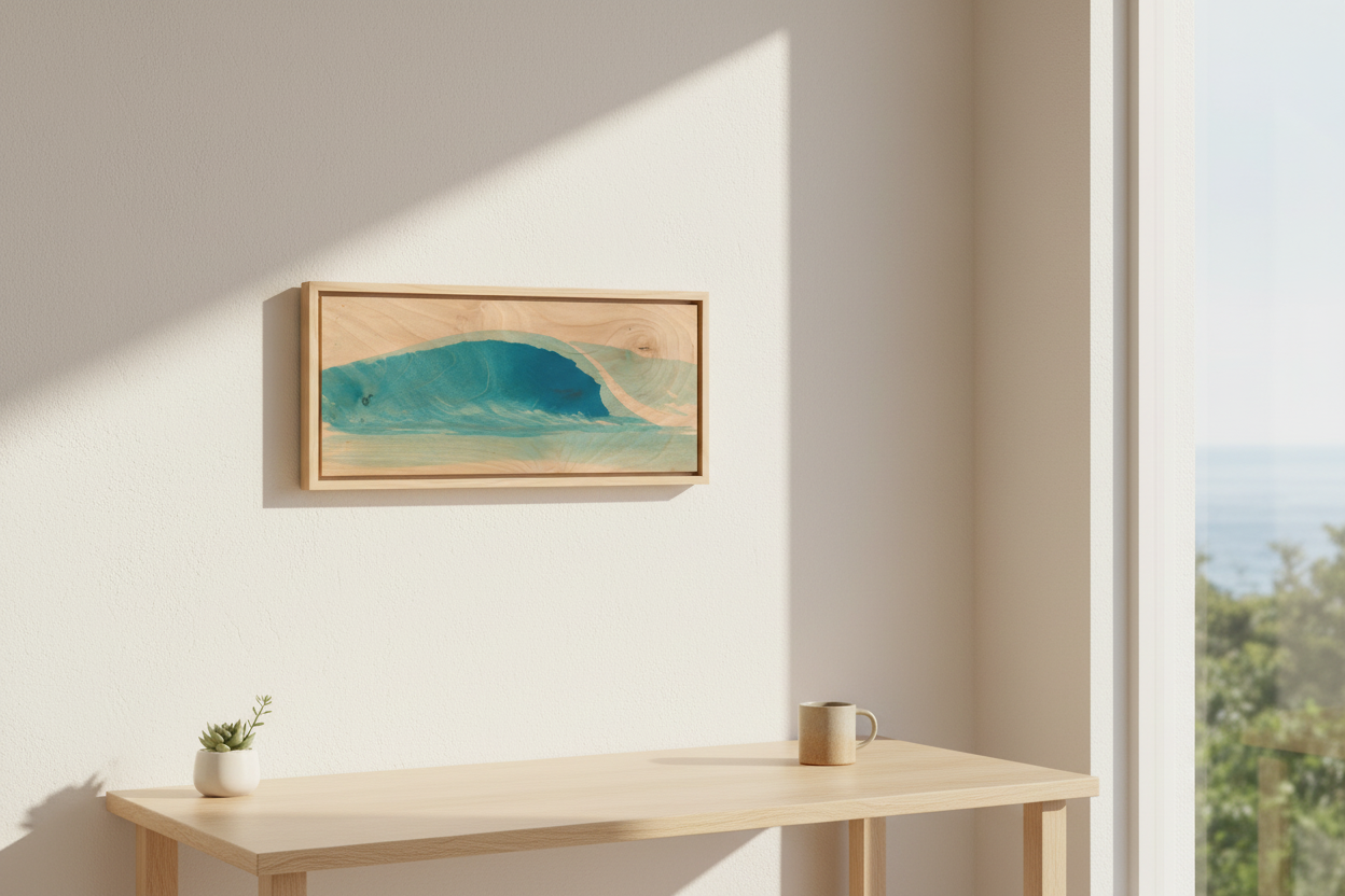 A rectangular framed wall art piece featuring a painted ocean wave in teal and blue tones on a light natural wood background, shown hanging against a plain light gray wall.