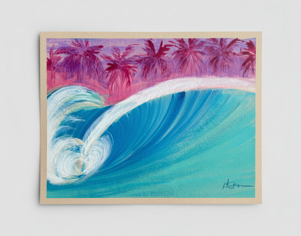 A square art print depicting a vibrant turquoise ocean wave curling under a pink and purple palm tree sky, displayed on a textured, paint-splattered concrete surface.