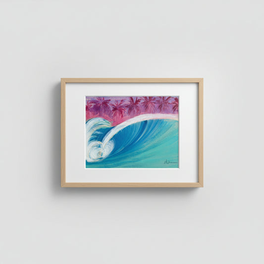 A square art print depicting a vibrant turquoise ocean wave curling under a pink and purple palm tree sky, displayed on a textured, paint-splattered concrete surface.