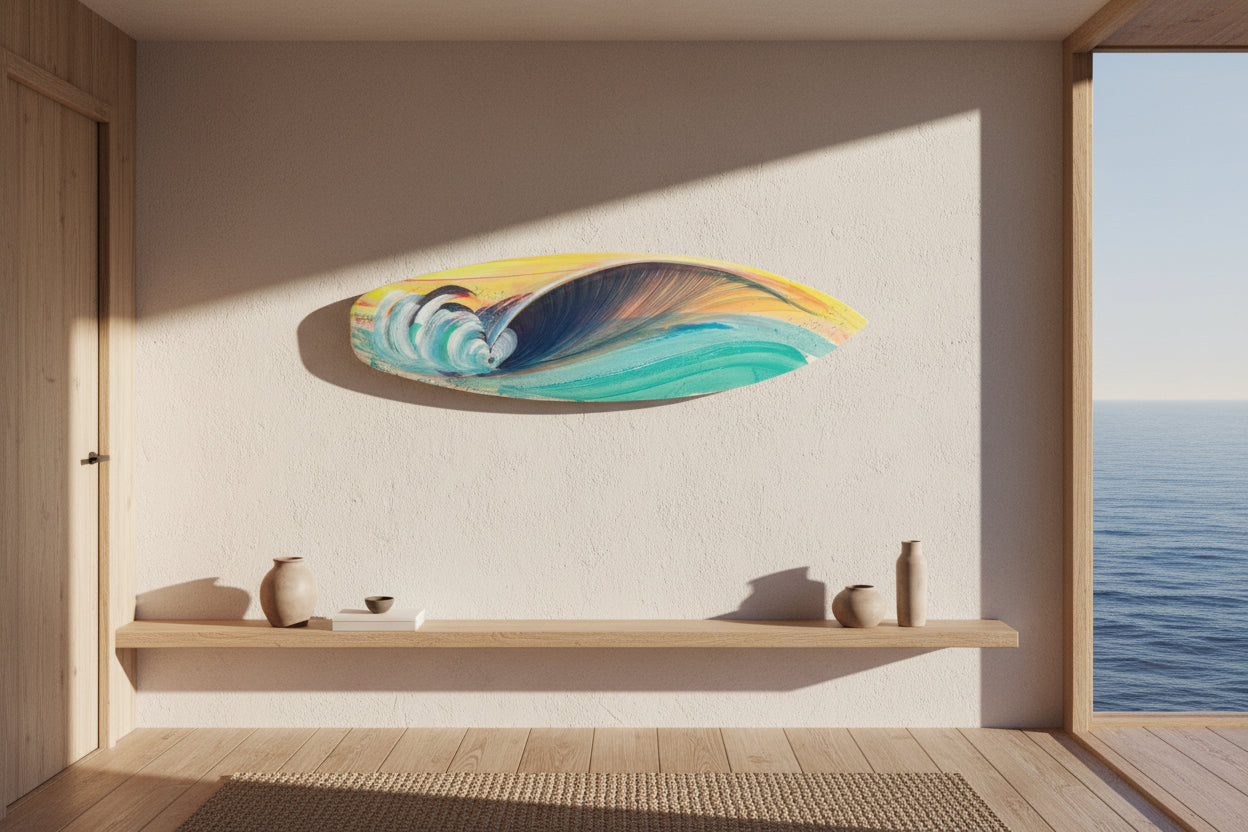 A surfboard featuring a vibrant painted ocean wave design in shades of blue, teal, yellow, orange, and white, shown on a light gray background.