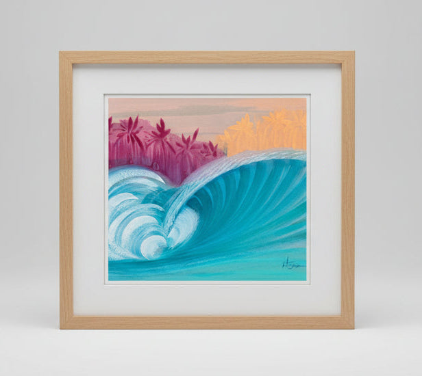 A colorful mixed media piece of a large ocean wave curling, with pink and orange palm tree silhouettes in the background, photographed flat against a textured concrete surface.
