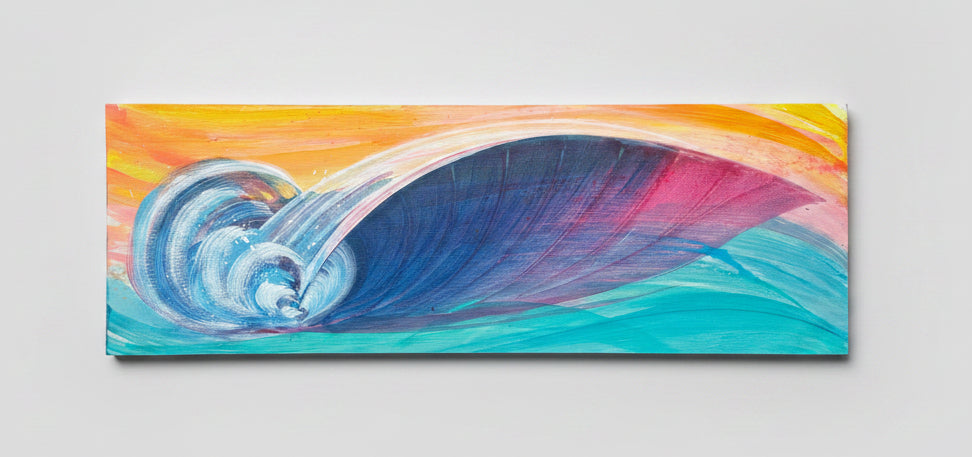 A colorful abstract wave painting on a rectangular canvas, featuring swirling blue, purple, pink, and turquoise tones against a warm orange and yellow background, displayed on a concrete surface.