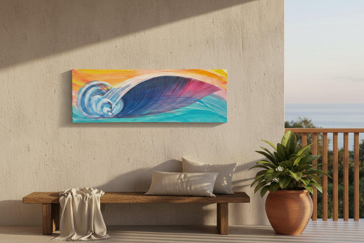 A colorful abstract wave painting on a rectangular canvas, featuring swirling blue, purple, pink, and turquoise tones against a warm orange and yellow background, displayed on a concrete surface.