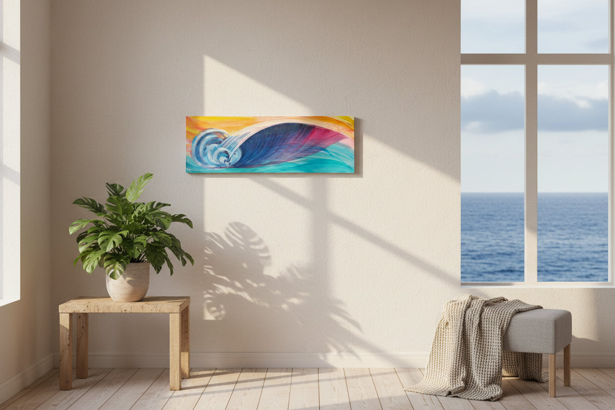 A colorful abstract wave painting on a rectangular canvas, featuring swirling blue, purple, pink, and turquoise tones against a warm orange and yellow background, displayed on a concrete surface.