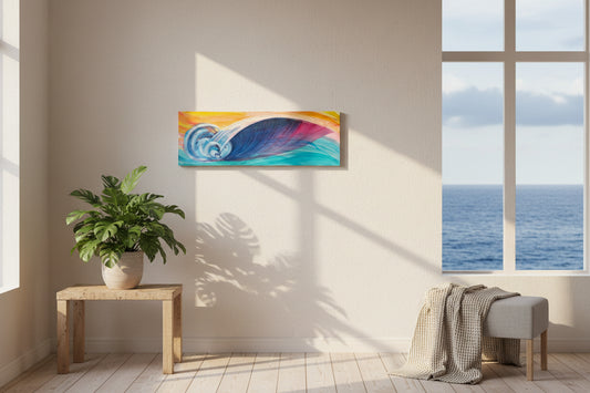 A colorful abstract wave painting on a rectangular canvas, featuring swirling blue, purple, pink, and turquoise tones against a warm orange and yellow background, displayed on a concrete surface.
