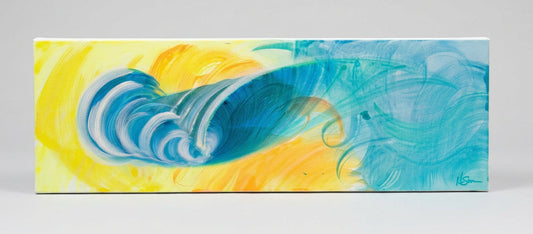 An abstract canvas painting featuring a stylized wave design in shades of blue, yellow, and white, displayed against a neutral light gray background.