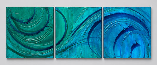 A three-panel abstract canvas wall art set featuring swirling teal, turquoise, and blue paint patterns on canvas