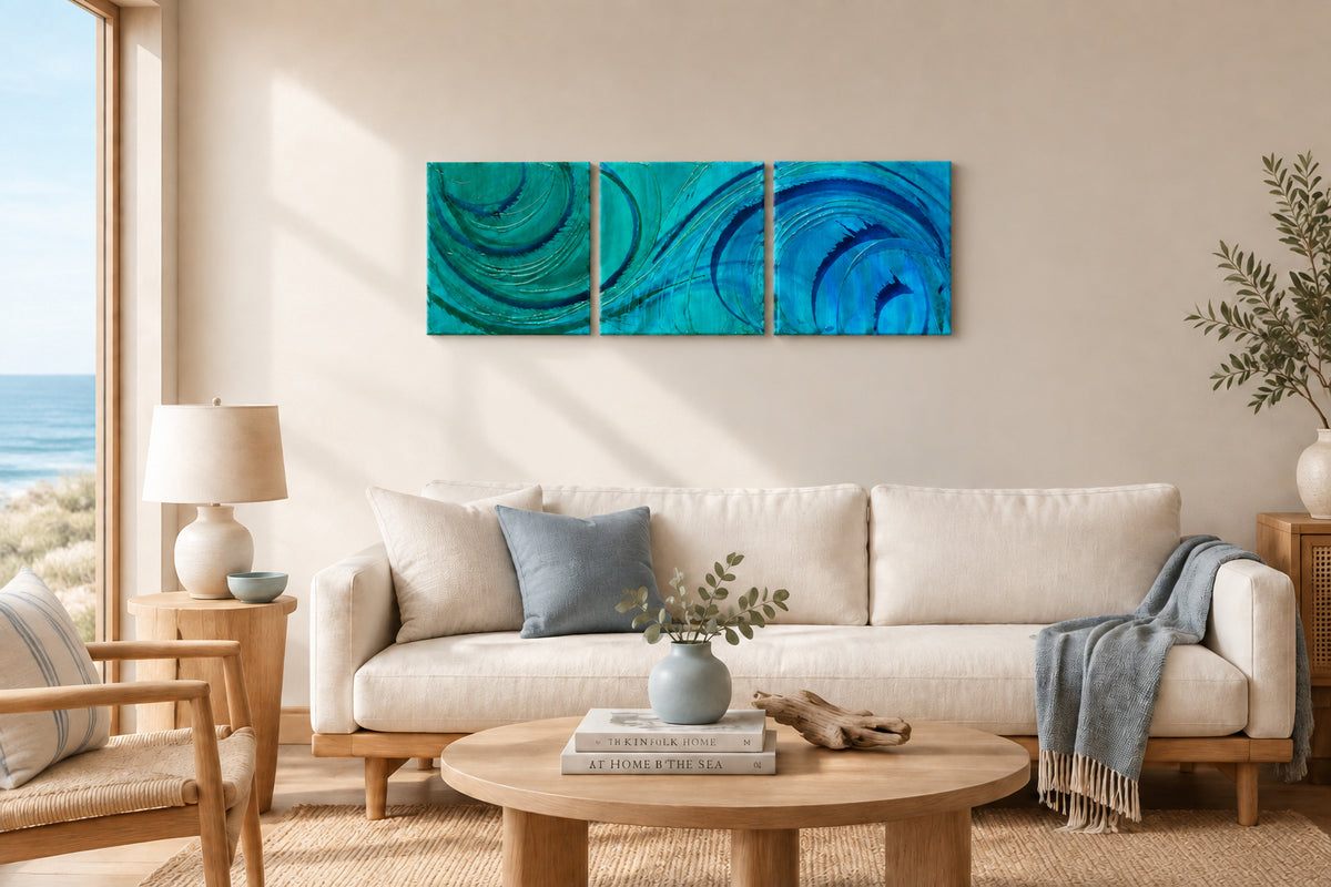 A three-panel abstract wall art set featuring swirling teal, turquoise, and blue brushstrokes on a light gray background.