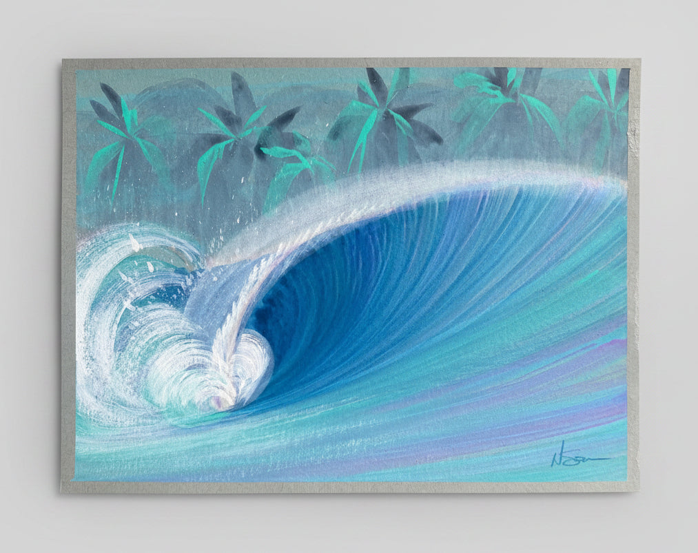 A square pastel or crayon-style artwork depicting a large curling ocean wave in shades of blue, aqua, and white, with dark teal palm trees along the top and a tan paper border around the print. The artwork is photographed against a textured brown surface.