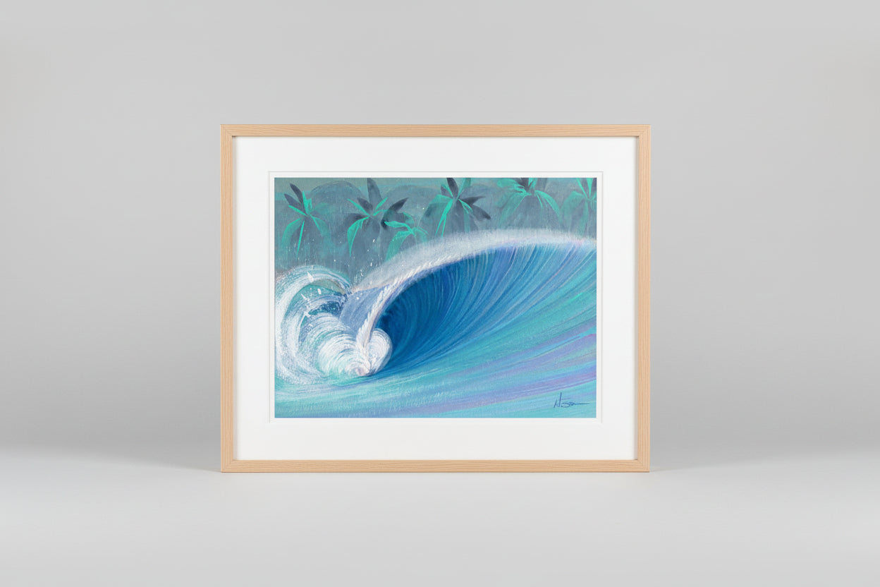 A square pastel or crayon-style artwork depicting a large curling ocean wave in shades of blue, aqua, and white, with dark teal palm trees along the top and a tan paper border around the print. The artwork is photographed against a textured brown surface.