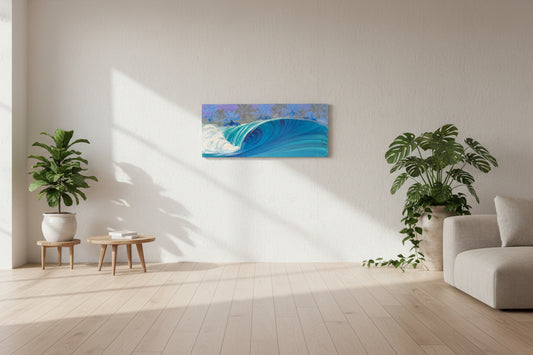 Painting of a large blue wave with palm trees in the background