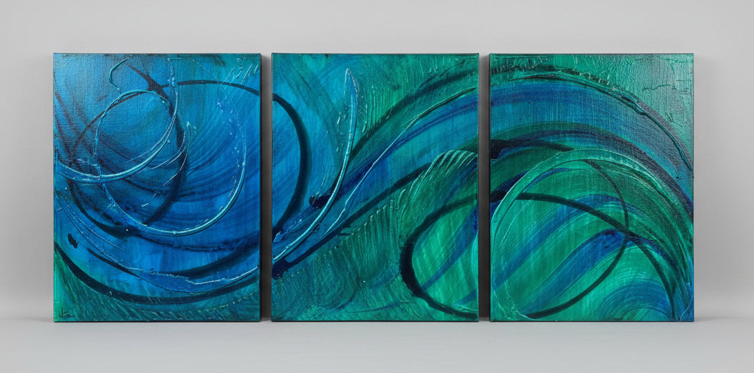 Triptych abstract painting with swirling blue and green colors on a wooden panel.