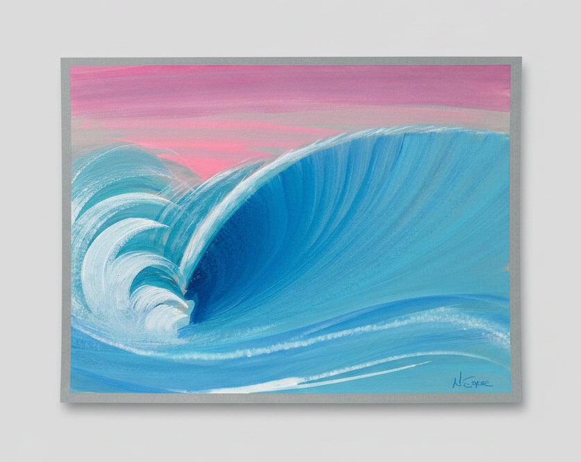 A square acrylic painting of a large blue ocean wave curling under a pink sky, placed on a textured brown surface.
