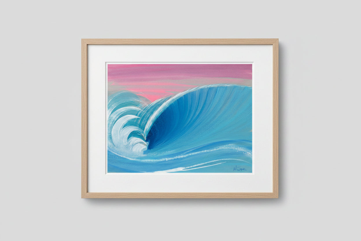 A square pastel or crayon painting of a large blue ocean wave curling under a pink sky, placed on a textured brown surface.