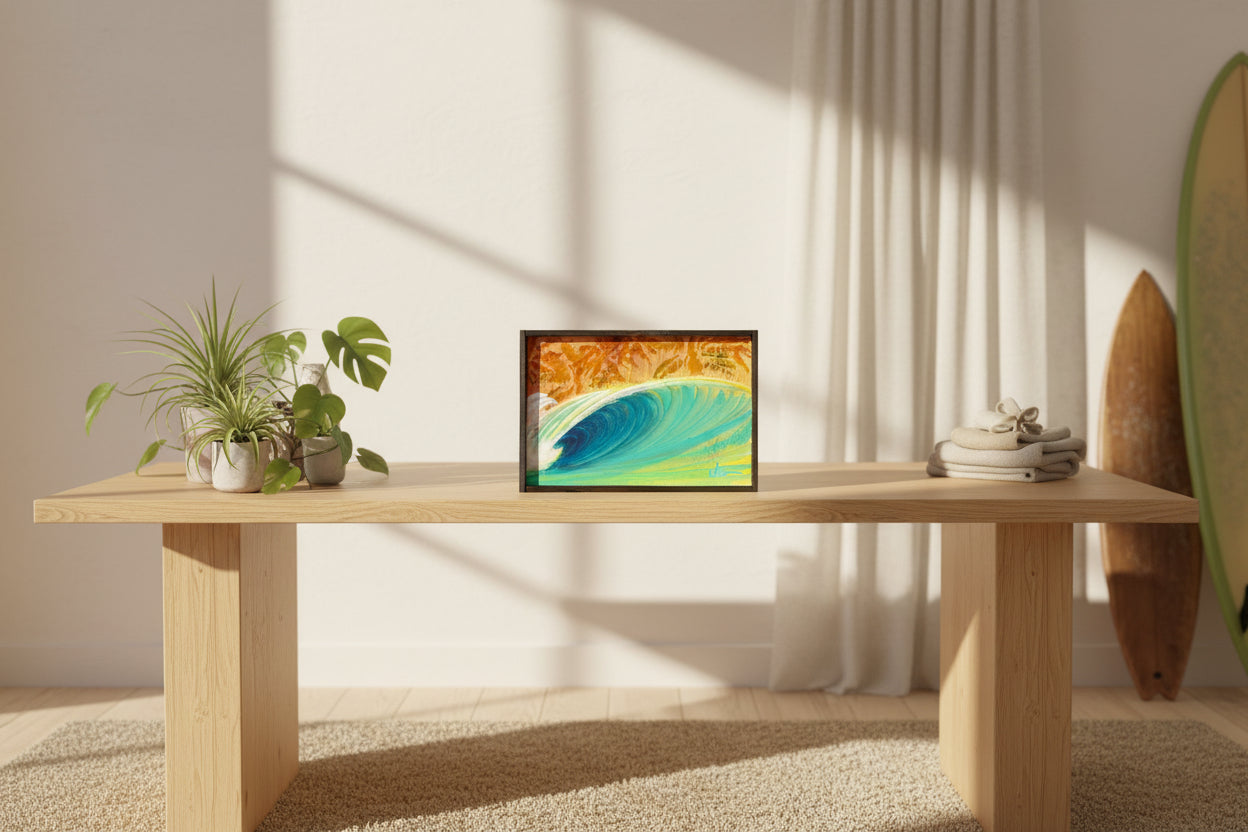 wood with a colorful wave design on a dark background