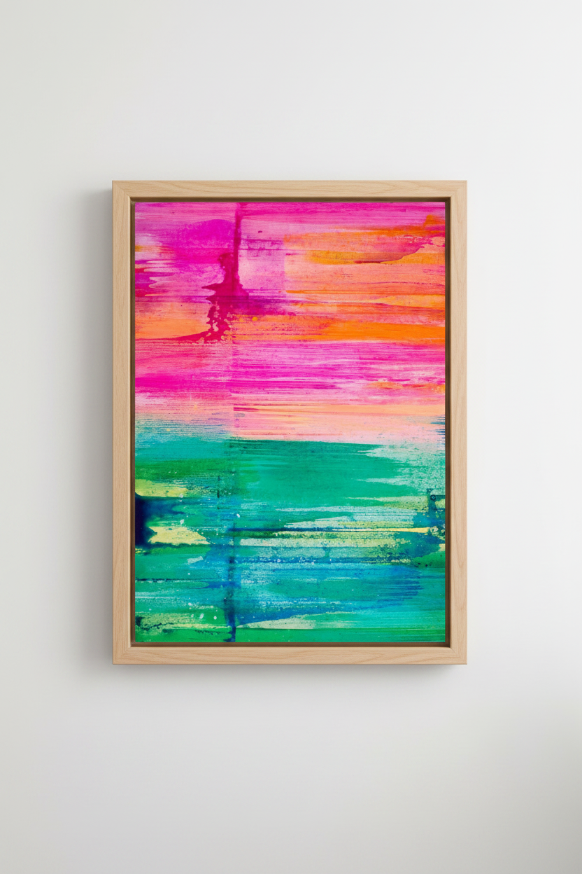 An abstract canvas wall art print featuring vibrant horizontal brushstrokes in hot pink, orange, and teal green, displayed against a neutral light gray wall.