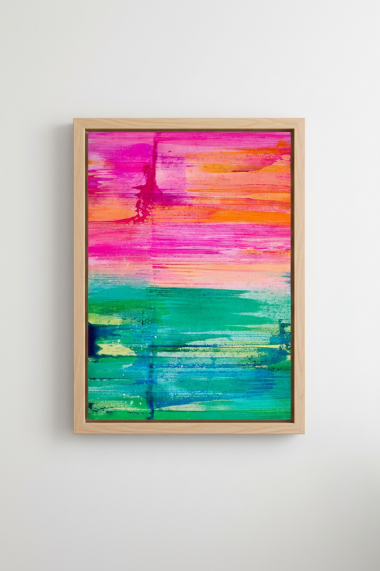 An abstract canvas wall art print featuring vibrant horizontal brushstrokes in hot pink, orange, and teal green, displayed against a neutral light gray wall.