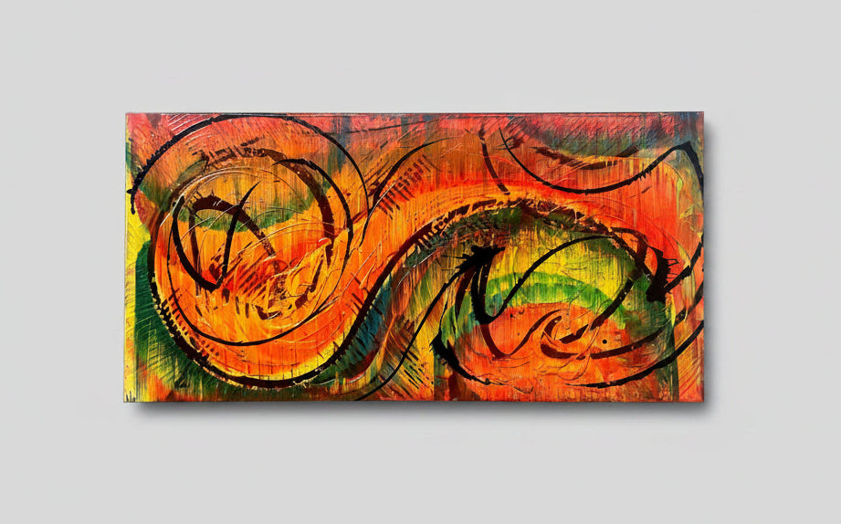 Abstract painting with swirling patterns in orange, green, and black on a white background