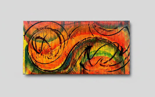 Abstract painting with swirling patterns in orange, green, and black on a white background