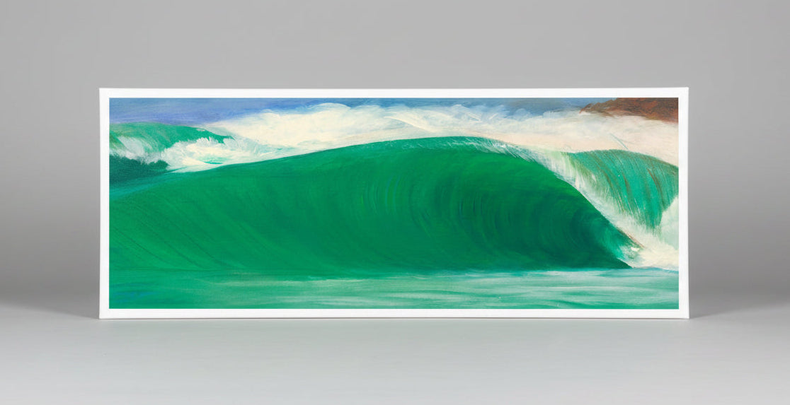 A panoramic canvas painting depicting a powerful green ocean wave curling with white foam under a blue and white sky, displayed on a neutral gray background.