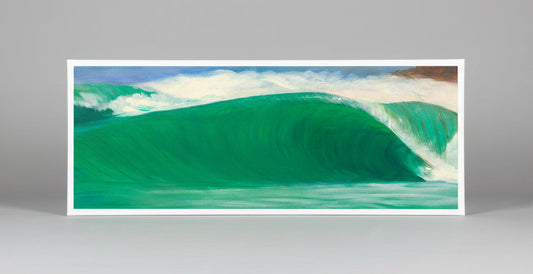 A panoramic canvas painting depicting a powerful green ocean wave curling with white foam under a blue and white sky, displayed on a neutral gray background.