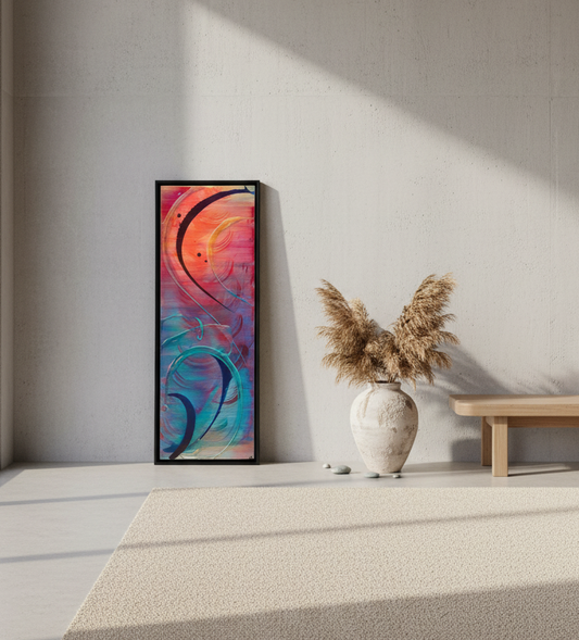 A tall, narrow framed abstract painting leaning against a white wall on a light wood floor. The artwork features swirling brushstrokes in pink, orange, purple, blue, and teal, enclosed in a slim black frame.