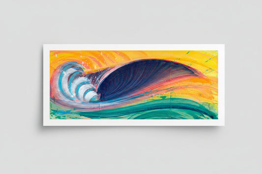 Vibrant abstract painting of a large curling wave with bright yellow, orange, blue, teal, pink, and purple brushstrokes.