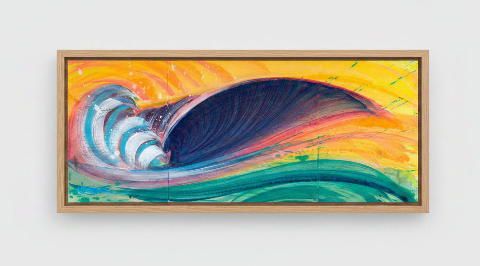 Vibrant abstract painting of a large curling wave with bright yellow, orange, blue, teal, pink, and purple brushstrokes.