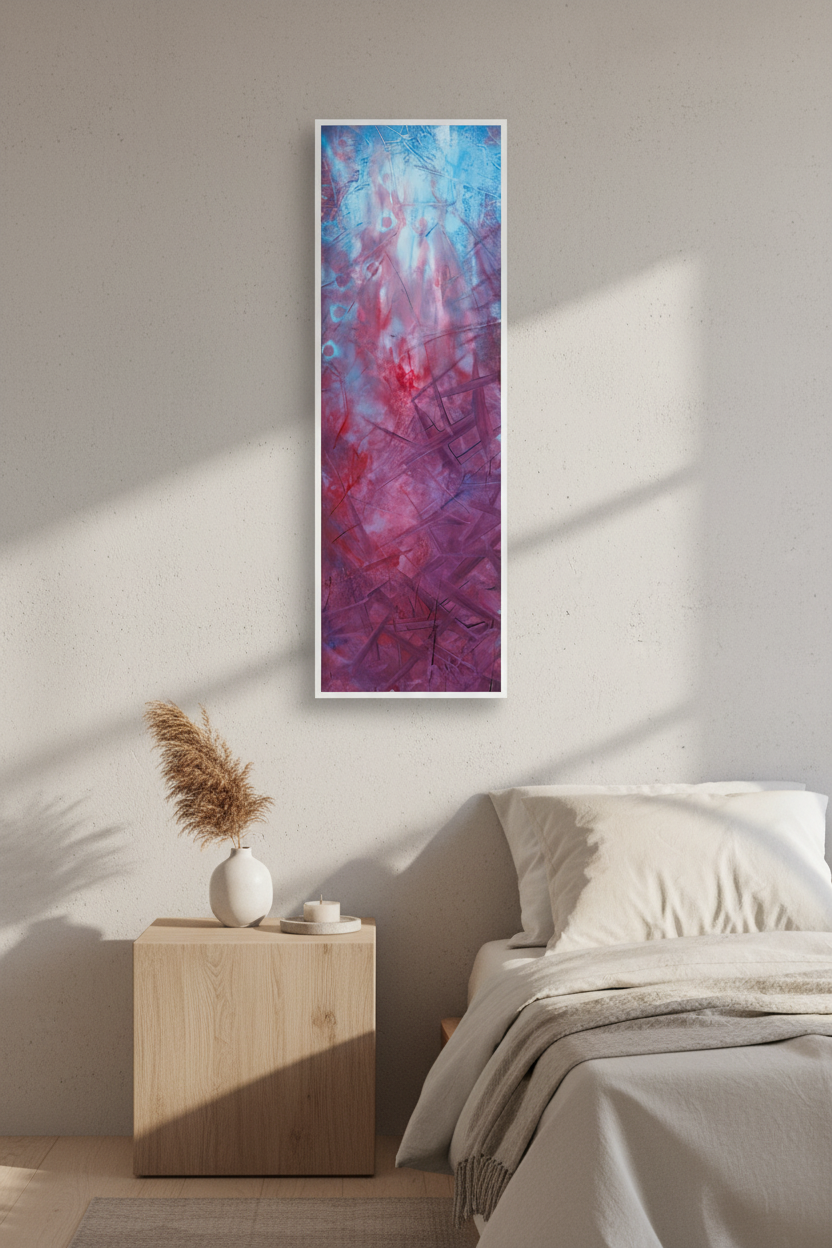 Abstract vertical canvas wall art featuring a textured blend of blue, magenta, and purple tones with expressive brushstrokes and layered lines, shown against a neutral gray background.