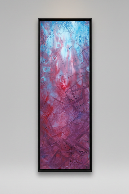 Abstract vertical canvas wall art featuring a textured blend of blue, magenta, and purple tones with expressive brushstrokes and layered lines, shown against a neutral gray background.