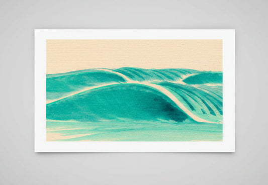 Abstract design of wavy lines in teal and beige on a beige background