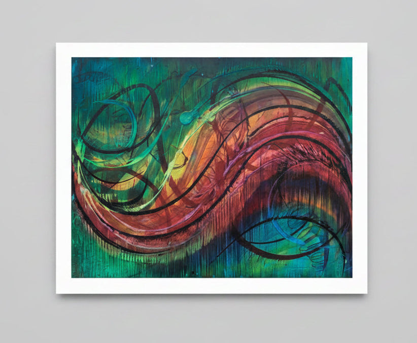 Abstract painting with swirling colors on a gray background